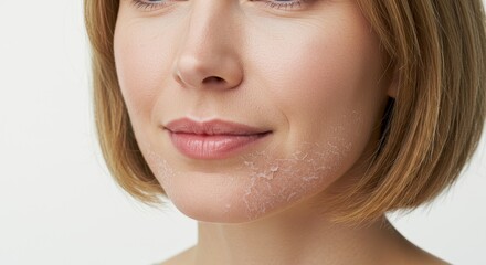 Dry Skin and Facial Texture - Close-up of a woman's face showing dry, flaky skin on her chin and jawline. Illustrates the need for skincare