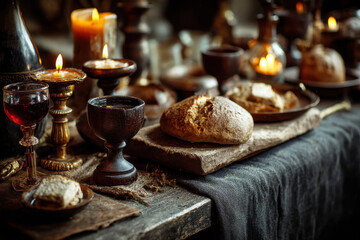 Bread and wine on table with candles, setting for communion or religious ceremony.