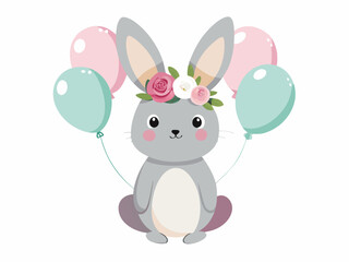 Cute Gray Bunny with Flower Crown and Balloons