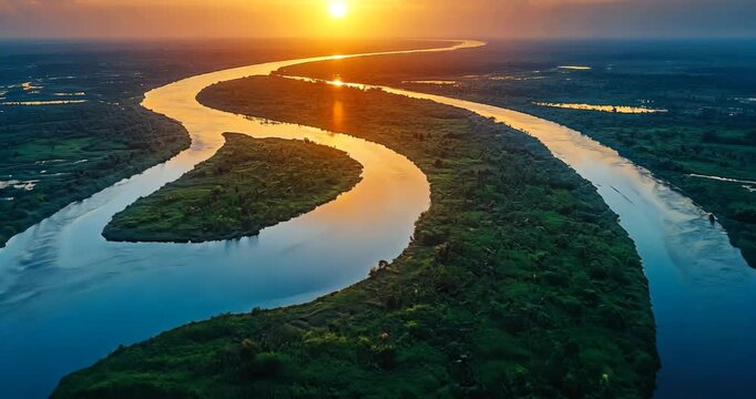 Aerial view of a winding river at sunset with an island in the middle.