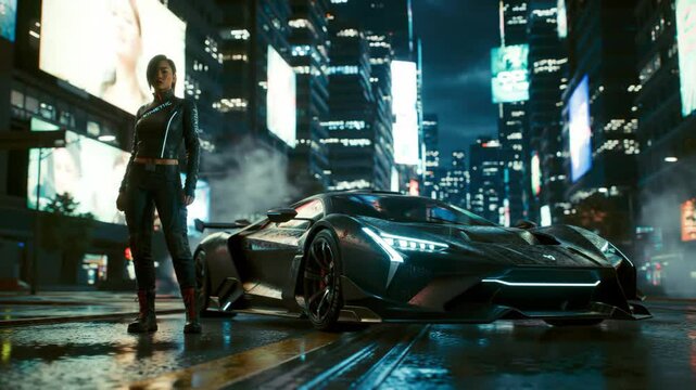 An Asian woman in a futuristic outfit stands beside a black sports car on a rain-slicked cyberpunk street with neon signs. For game intros or tech ads. It embodies sleek urban power. 4k 60 fps. - Powered by Adobe