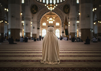 Naklejka premium Person Praying Inside Building with Arches and Detailed Design