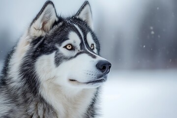 Naklejka premium Close up portrait of a husky dog with snow on its fur looking to the right in a winter setting