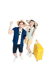 full body image of asian couple wearing travel clothes, pull suitcase and posing on background , top view