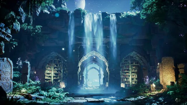A mystical waterfall cascades over an ancient stone archway leading to a hidden library, illuminated by moonlight and glowing flora. For fantasy game entrances or dreamlike sequences. 
