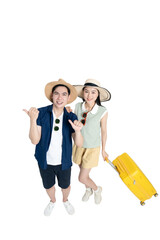 full body image of asian couple wearing travel clothes, pull suitcase and posing on background , top view