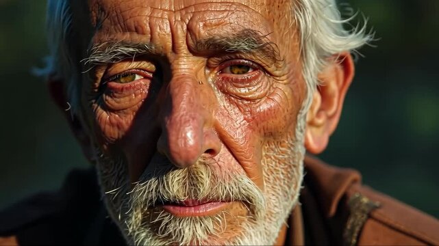 A close-up of an old man's face streaked with sadness and thoughtful as he listens to a lamentation song, the shadows of tree branches dancing across his face.
