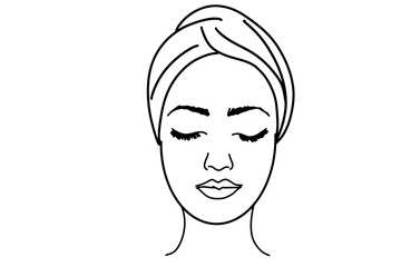 Minimalist illustration of a woman's face with closed eyes, featuring a towel wrapped around her hair. The design is simple, elegant, and spa-inspired, conveying calmness and self-care