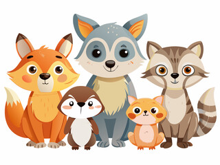 Obraz premium Adorable Cartoon Forest Animals Group Sitting Together