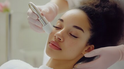 Skincare specialist using ultrasonic cleansing tool