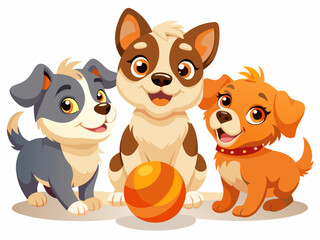 Three Adorable Cartoon Puppies Playing with a Ball