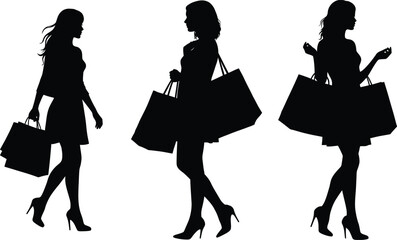 Stylish Silhouette of Woman Carrying Tote Bags – Fashion Shopping Girl with Animal Motifs, Minimalist Vector Illustration, PNG