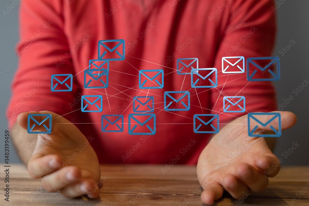 Poster person interacting with a network of email icons, illustrating communication and connectivity.
