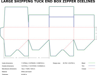 Detailed packaging design template for a large shipping tuck end box with zipper die lines