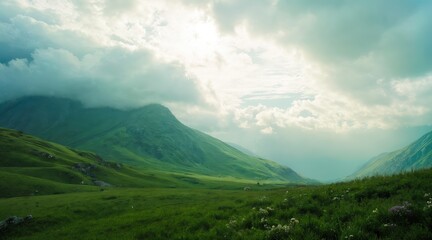Fototapeta premium Ethereal morning mist in emerald mountain field
