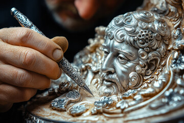 Man sculpting silver statue.
