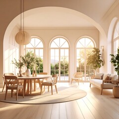 Obraz premium Bright and Airy Modern Dining Room with Large Windows and Natural Light in a Cozy Home Setting