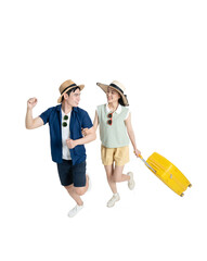 full body image of asian couple wearing travel clothes, pull suitcase and posing on background , top view