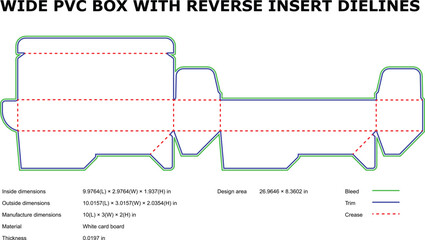 Wide pvc box die line template with reverse insert detailed dimensions and measurements
