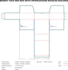 Bakery tuck end box packaging die lines with interlocking buckles for folding carton design
