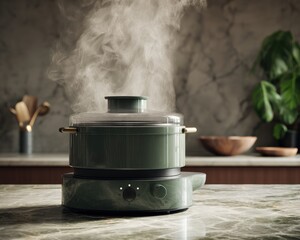 Steam rises from a sage green electric cooker, set against a dark marble backdrop. A minimalist kitchen scene.