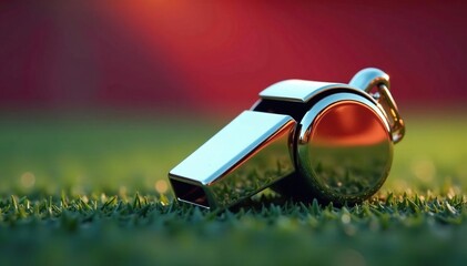 Close-up of a shiny metallic coach's whistle, ready to blow , sound device, accessory
