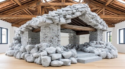 Obraz premium Gray Stone like Ruined Building Abstract Art Installation in Loft Space