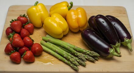 Colorful arrangement of fresh, ripe fruits and vegetables on a wooden cutting board.