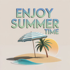 Naklejka premium Summer-themed illustration with palm tree, beach umbrella, and 