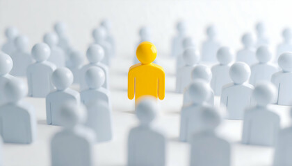 Vibrant Yellow Figure Stands Out Among Uniform Blue Figures Symbolizing Individuality and Unique Perspective on White Background