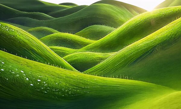 Lush green hills undulate under a bright sky, creating a serene and tranquil landscape