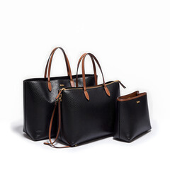 Elegant Black Leather Purse Set Isolated on Clean White Background