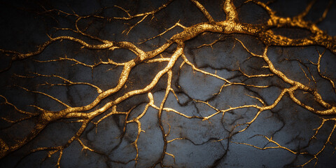 Abstract glowing tree root veins in a dark background with golden highlights
