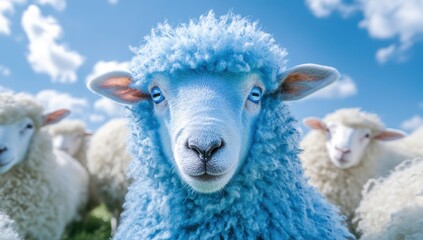 Blue sheep leader, pasture, sunny day, flock