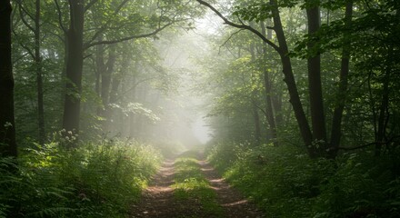 Obraz premium Misty forest path, sunlight filtering through trees