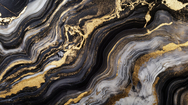 Black, Gold and White Liquid Marble Background Texture