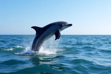 Naklejka premium Dolphin Leaping Out of the Ocean Against a Clear Blue Sky