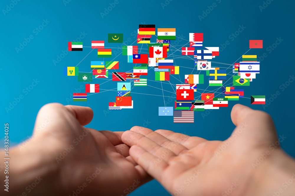 Aufkleber Image of hands holding a network of world flags, symbolizing global connection and international relations.