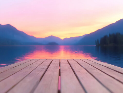 Serene wooden dock overlooking calm lake during vibrant pink and orange sunset, surrounded by silhouetted mountains