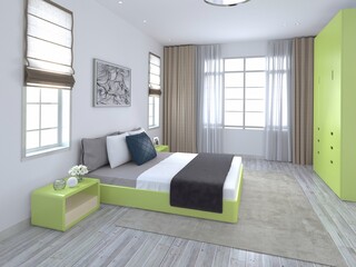 Mock up of a fashionable bedroom with a large comfortable bed and a nice decorative background, 3D rendering.