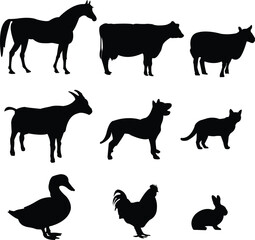 Farm Animal Vector Silhouettes Set,Livestock Clipart Collection
