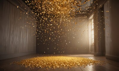 Golden confetti bursts under bright light, indoor setting ,  ray,  festive,  light