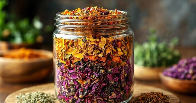 A glass jar filled with colorful dried flowers, herbs, and spices, showcased on a wooden table.