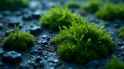 Blue-gray earth with lush green moss patches, detailed soil texture with organic patterns, natural abstract background.