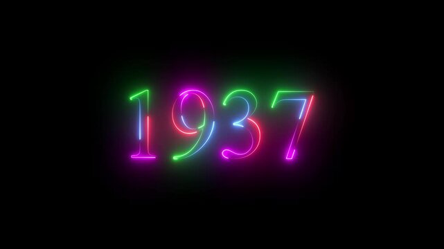 1937 neon line text. Abstract 1937 neon text animation ,For neon color Glowing neon number text background 4k video animation . 1937 title metal text on glowing text animation black background