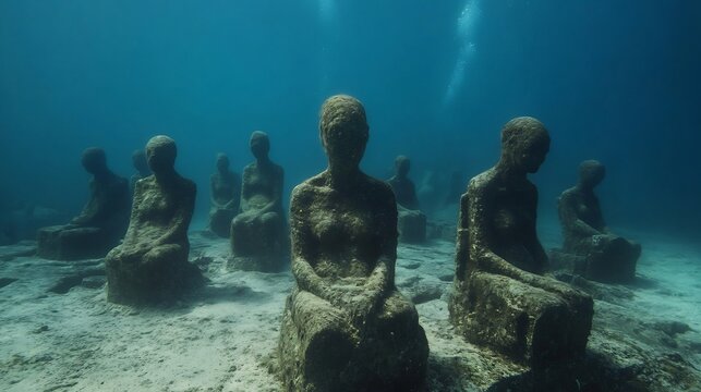 Submerged Statues: An Underwater Serene Sculpture Exhibit