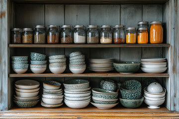 Numerous bowls of assorted sizes fill a cabinet, neatly arranged.