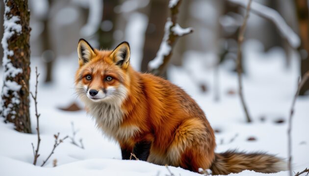 a red fox stands alert in a snowy forest clearing.