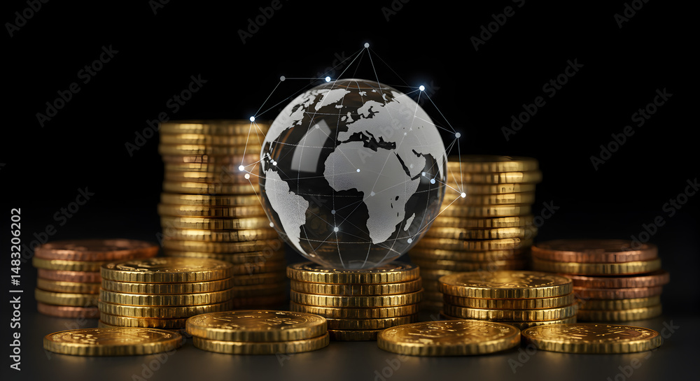 Poster golden coin stacks supporting translucent globe symbolizing global finance on dark background