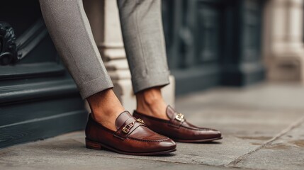Brown leather loafers on gray trousers